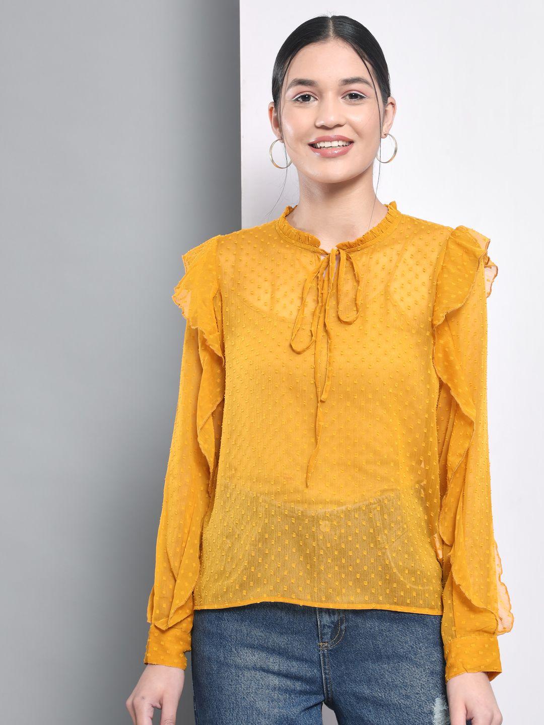Trend Arrest Women's Polyester Yellow Dobby Ruffle Sleeve Top