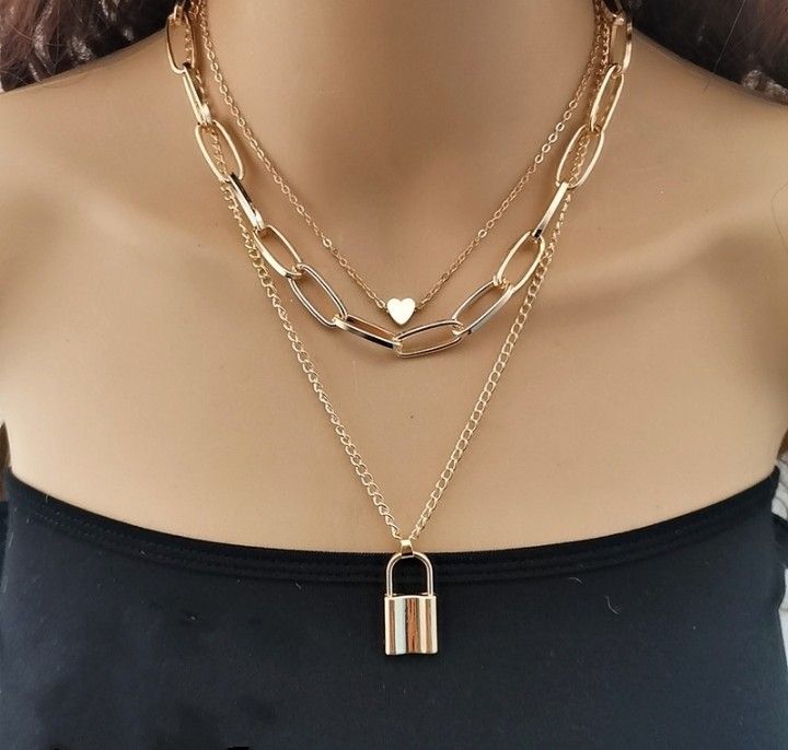 Golden Triple Layered Heart And Lock Pendant Necklace For Women & Girls