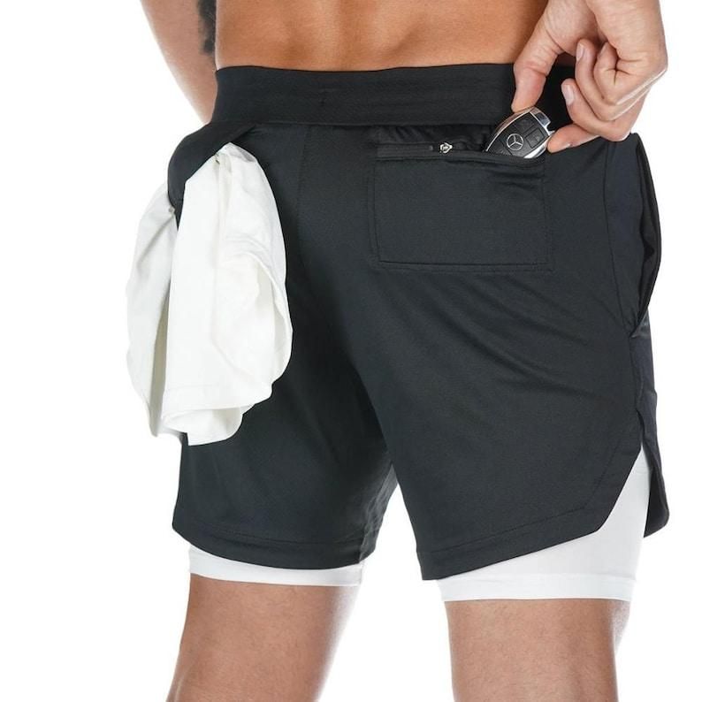 2 in 1 Running Shorts Built in Base Layer Pants Pocket