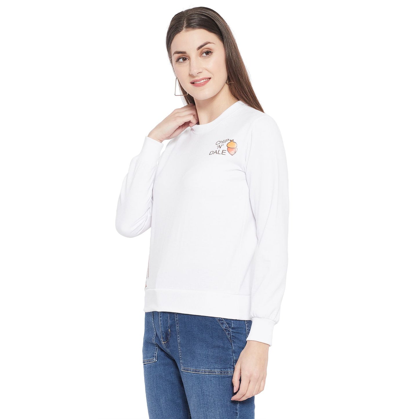 Popster White Printed Fleece Round Neck Regular Fit Long Sleeve Womens Sweatshirt