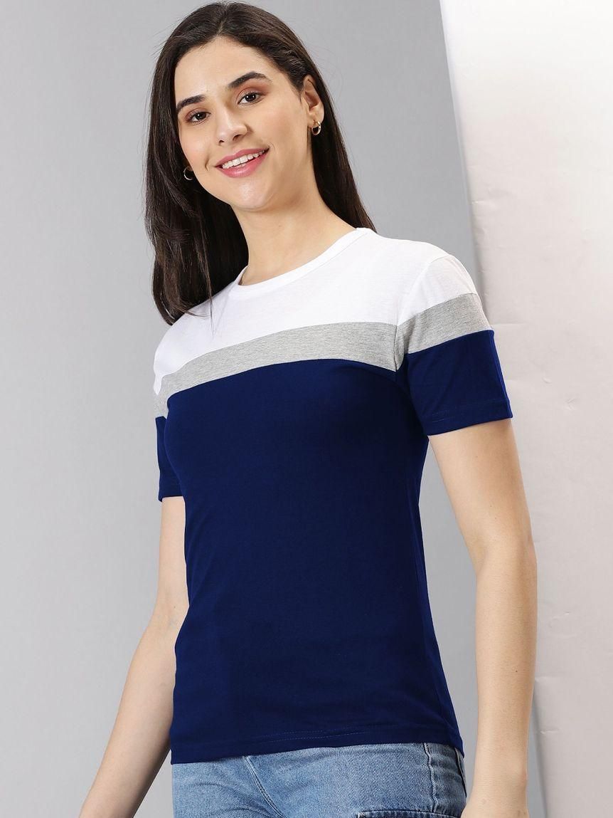 AUSK Women's Colorblocked Round Neck Half Sleeve Casual T-Shirt