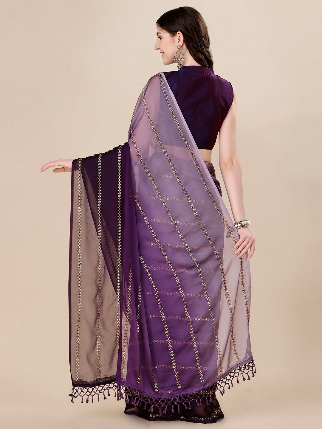 Fancy Sequined Embroidered Purple Coloured Silk Saree with Blouse Piece