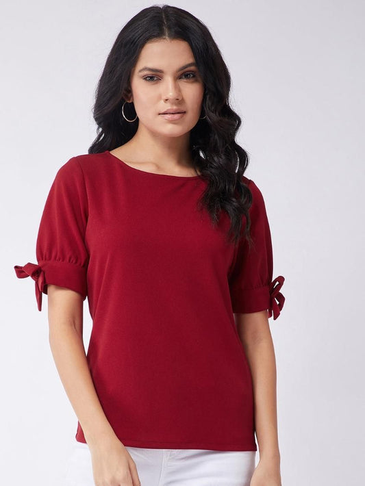 Women's Solid Top With Tie-Up Sleeves