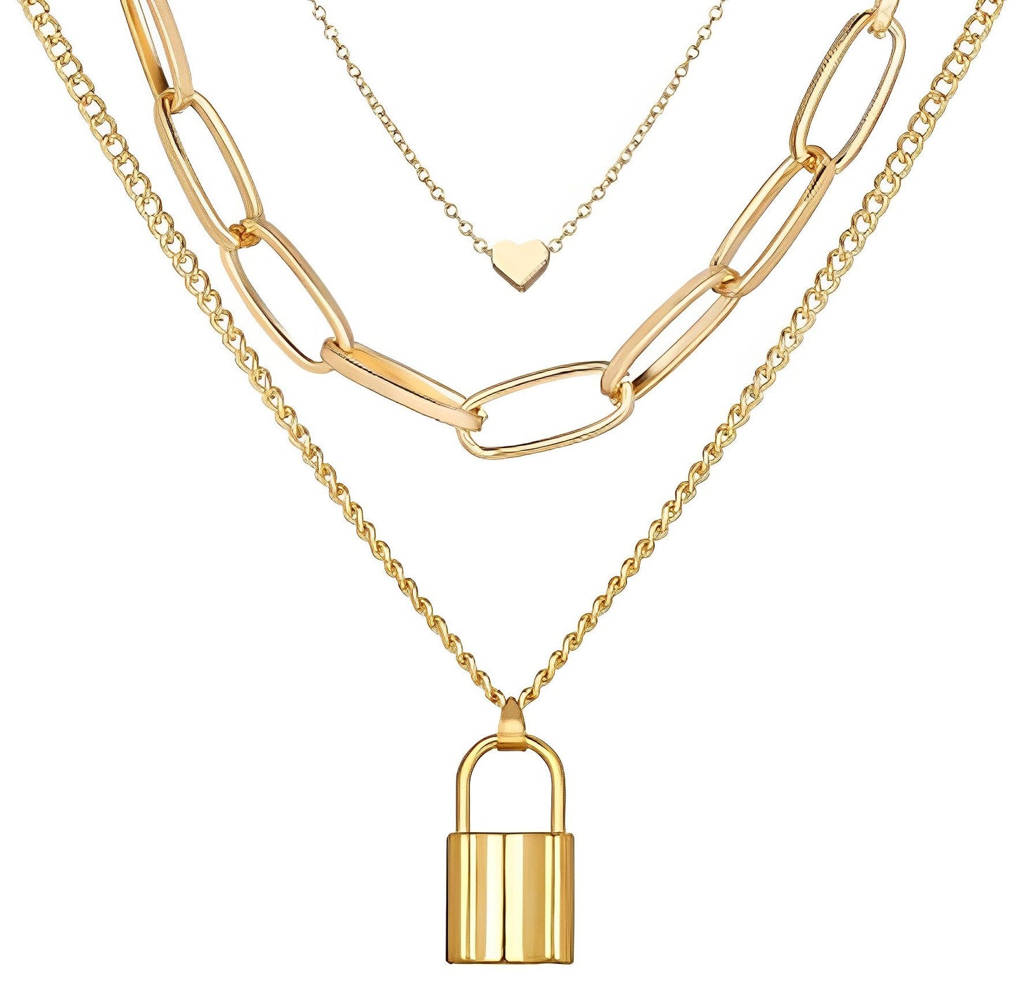 Golden Triple Layered Heart And Lock Pendant Necklace For Women & Girls