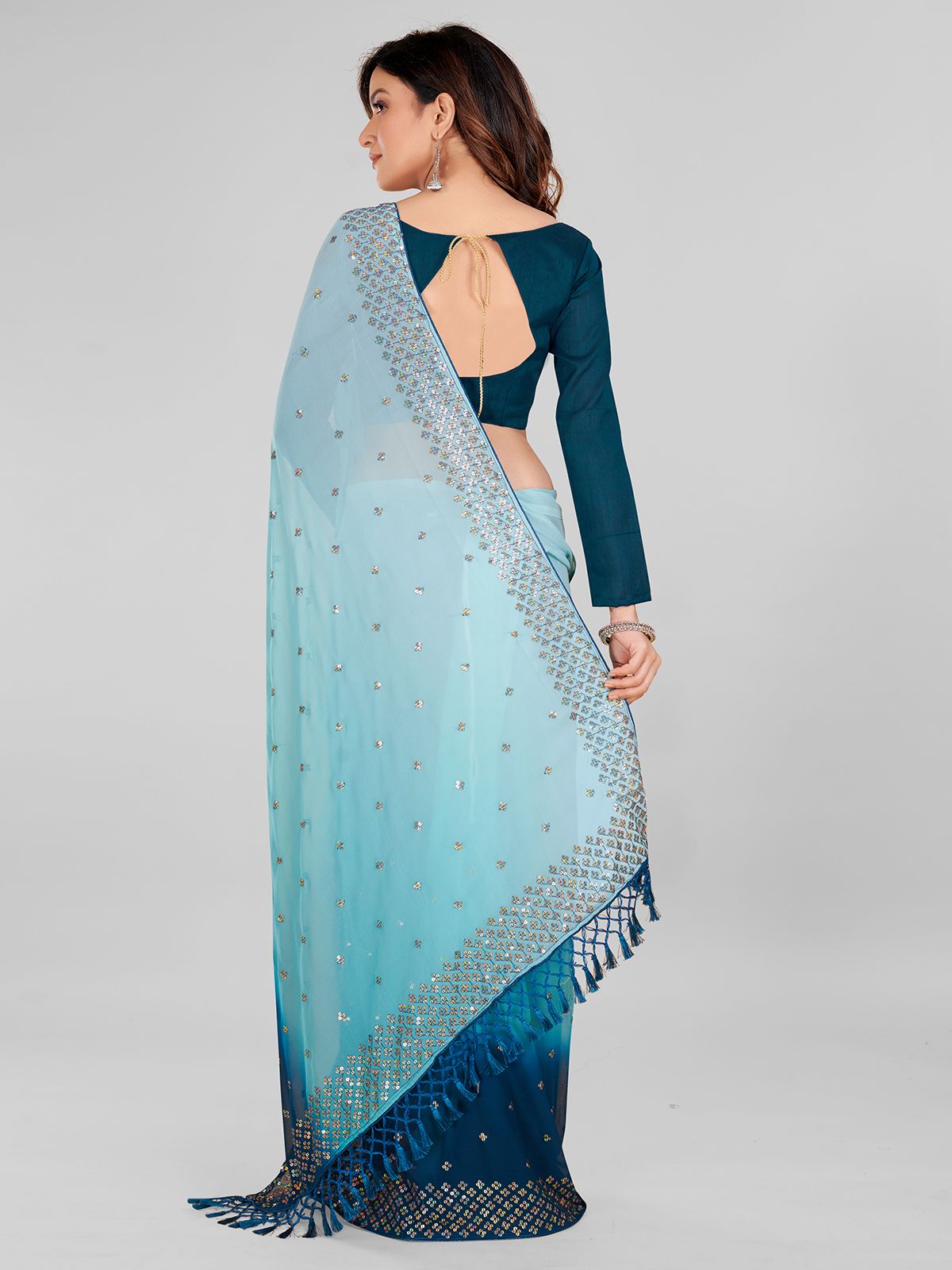 Fancy Sequined Embroidered Teal Blue and Sky Blue Coloured Georgette Saree with Blouse Piece