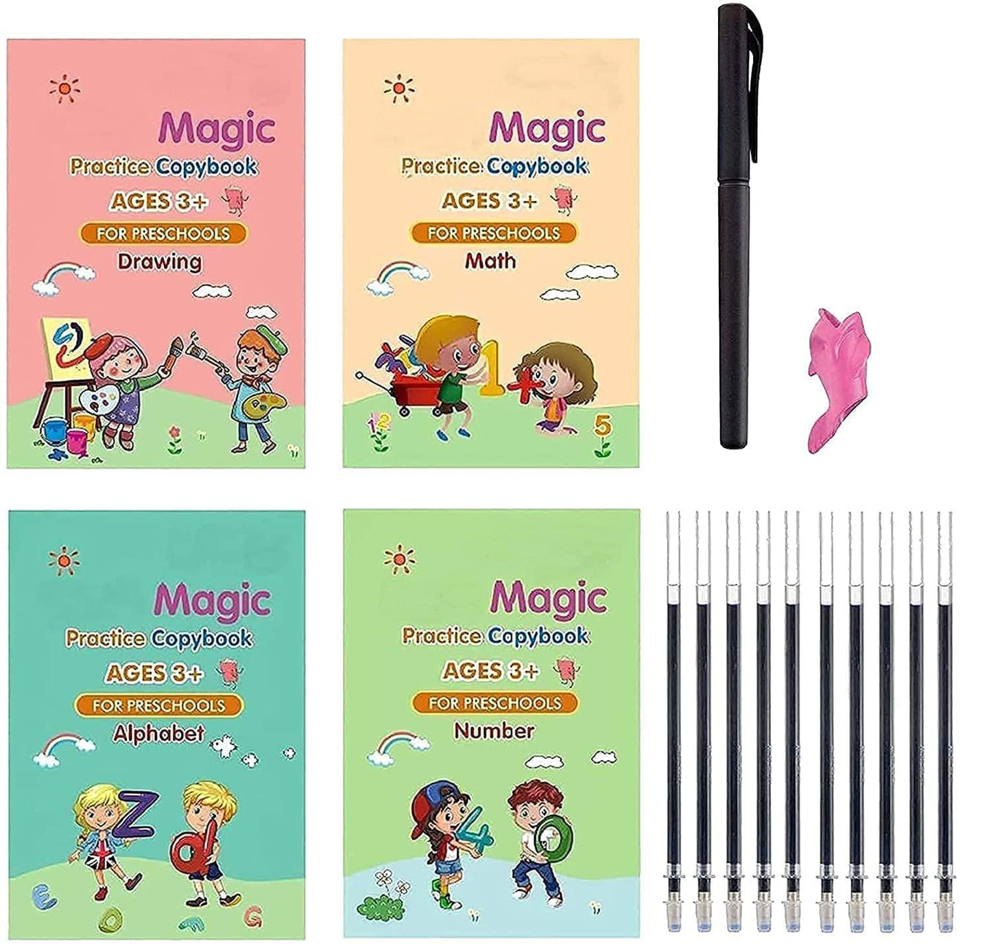8PCS/Set Books , 2Pen , 2Grips , 20refils , (pack of 2 ) Magic Practice Writing Kids Reusable Learning Copybook Reading and Writing Book Education Stationery Books + Pen Set