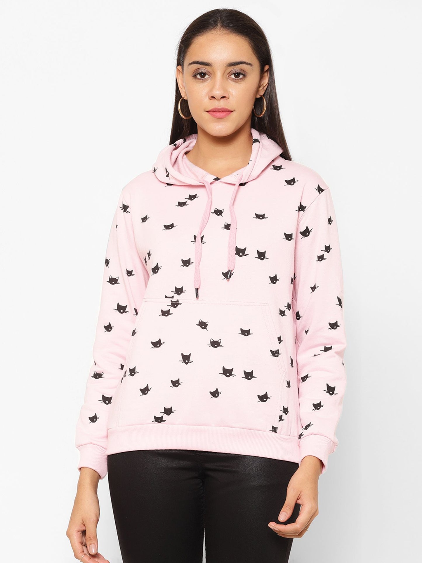 Popster Baby Pink Printed Cotton Hoody Regular Fit Long Sleeve Womens Sweatshirt