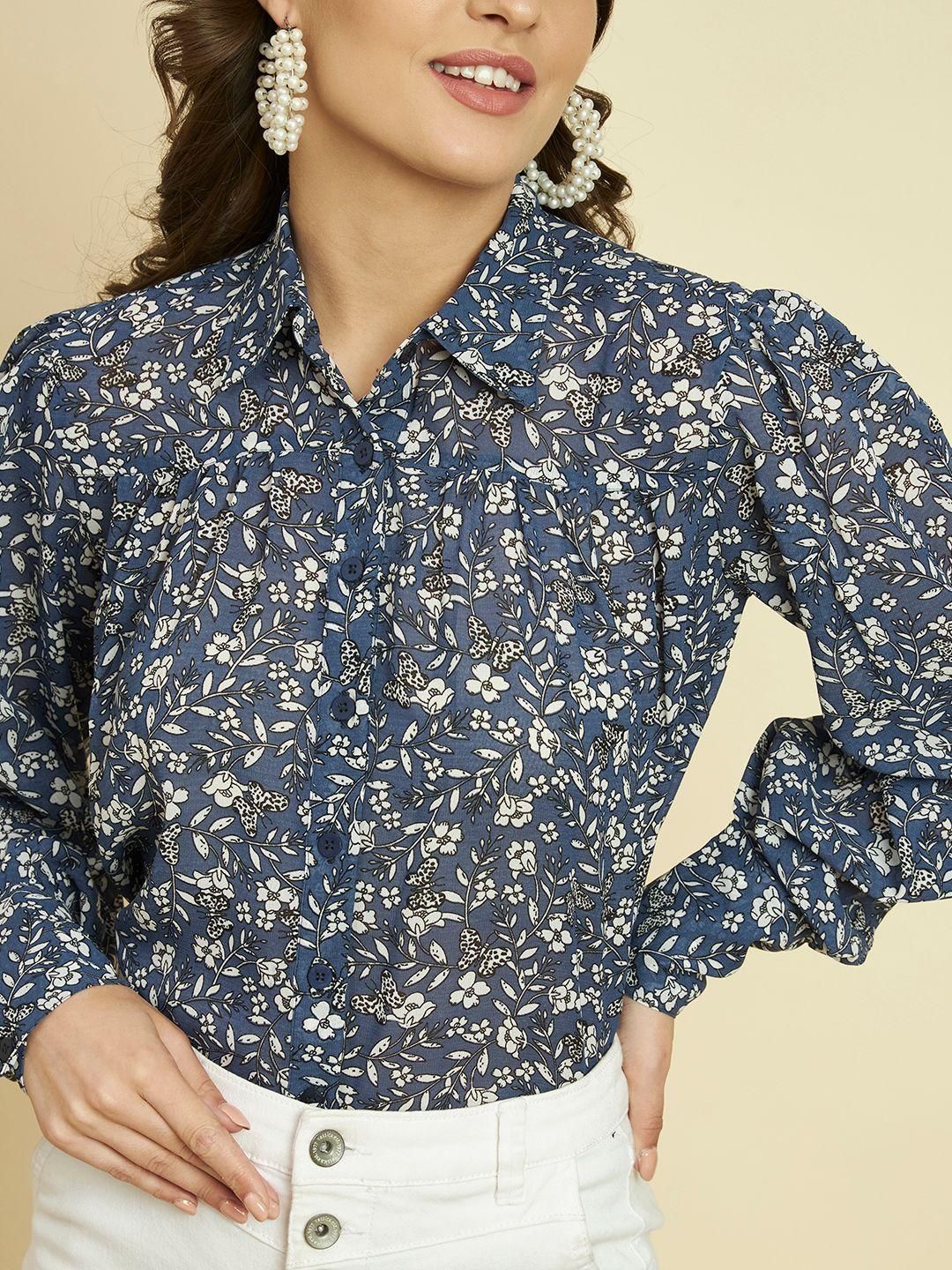 TRRENDARREST Blue Floral Printed Shirt
