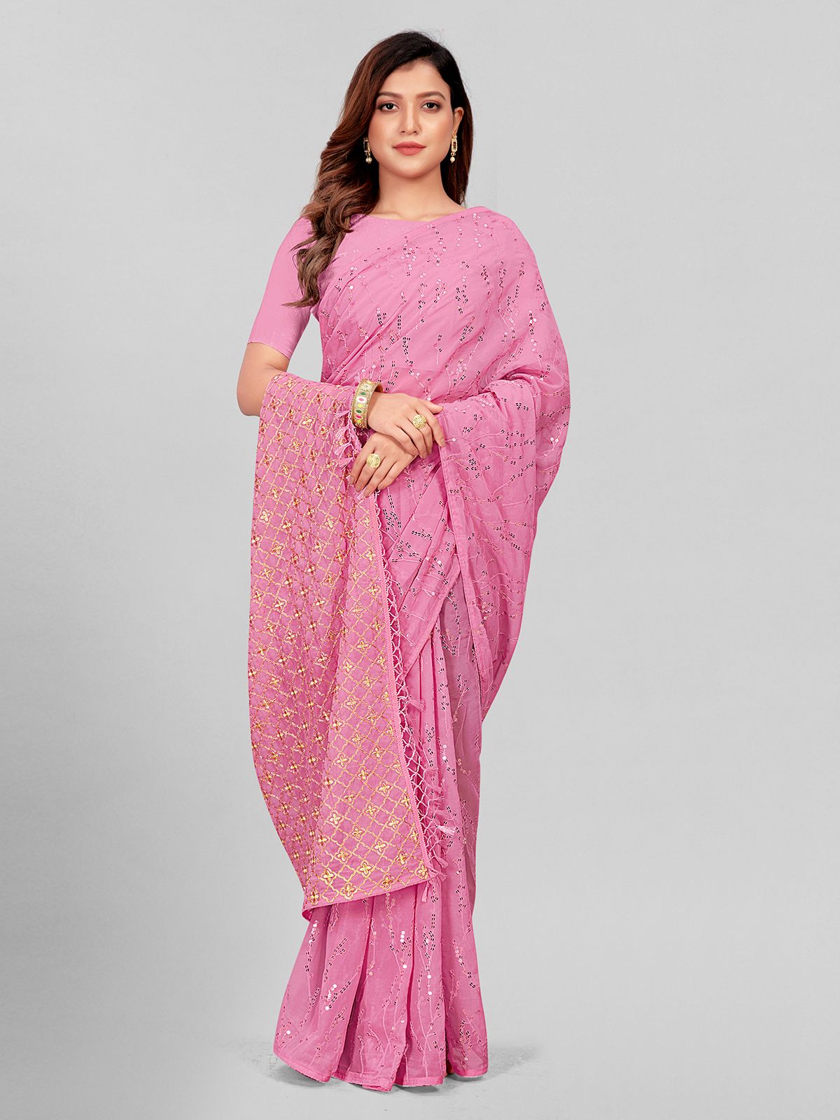 Fancy Sequined Embroidered Peach Pink Coloured Georgette Saree with Blouse Piece