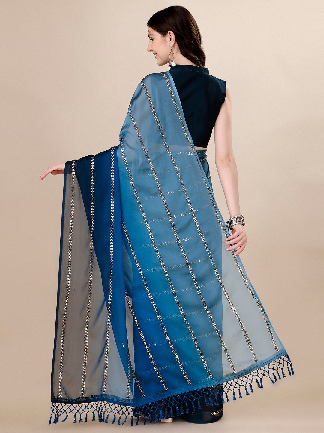 Fancy Sequined Embroidered Teal Blue Coloured Silk Saree with Blouse Piece