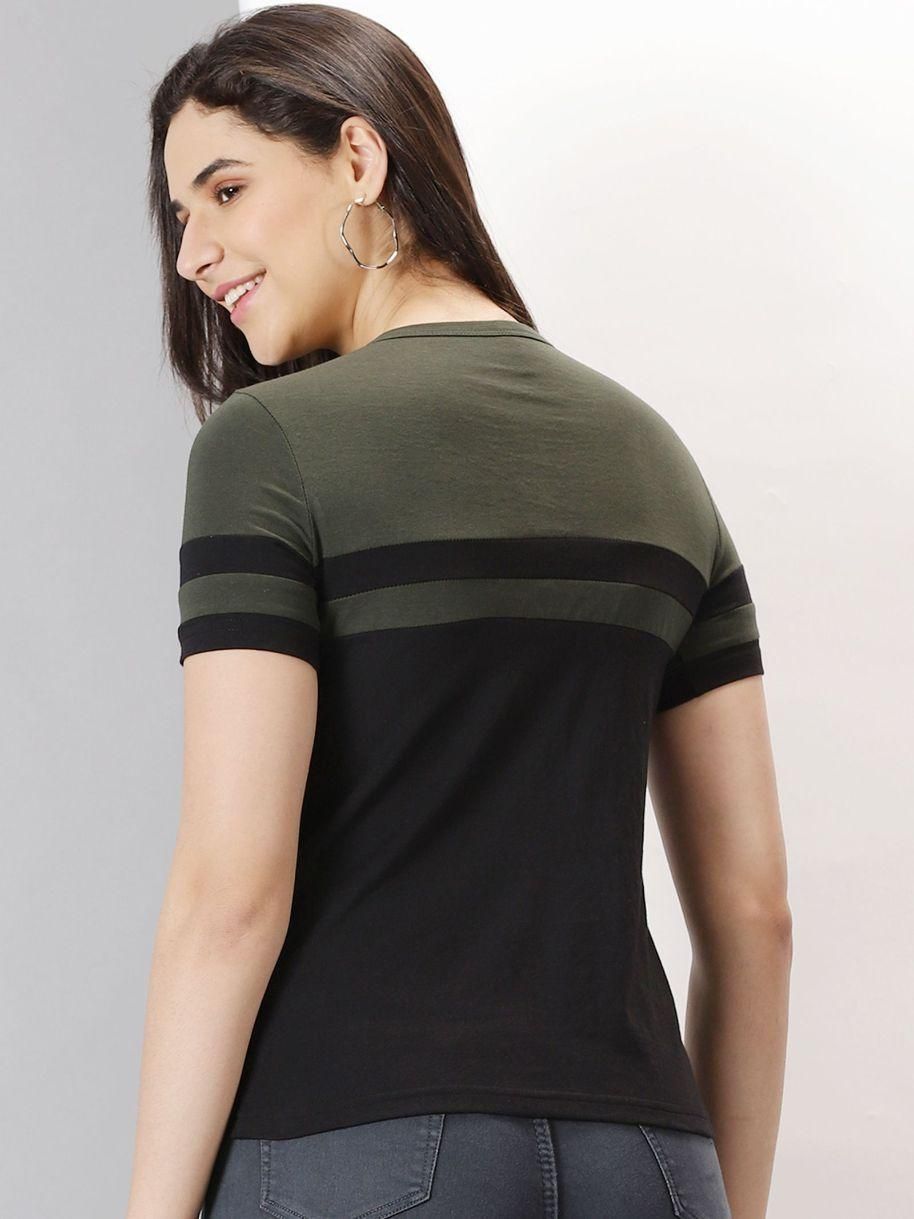 AUSK Women's Dark Colorblocked Round Neck Half Sleeve Casual T-Shirt