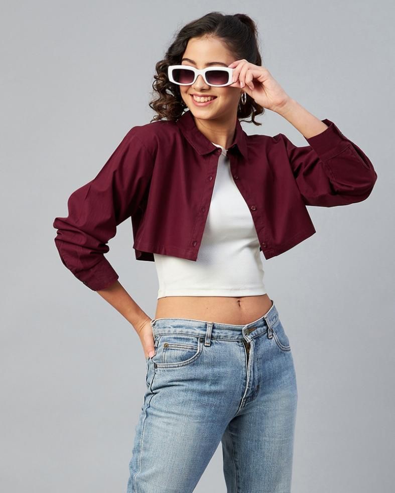 Women's Cotton Solid Full Sleeves Crop Shirt