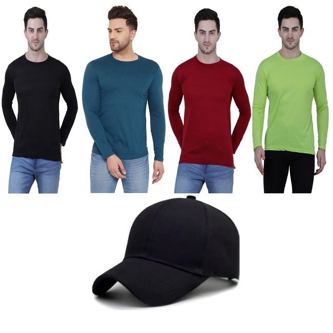 Fidato Full Sleeves Round Neck T-shirt With Summer Cap Combo