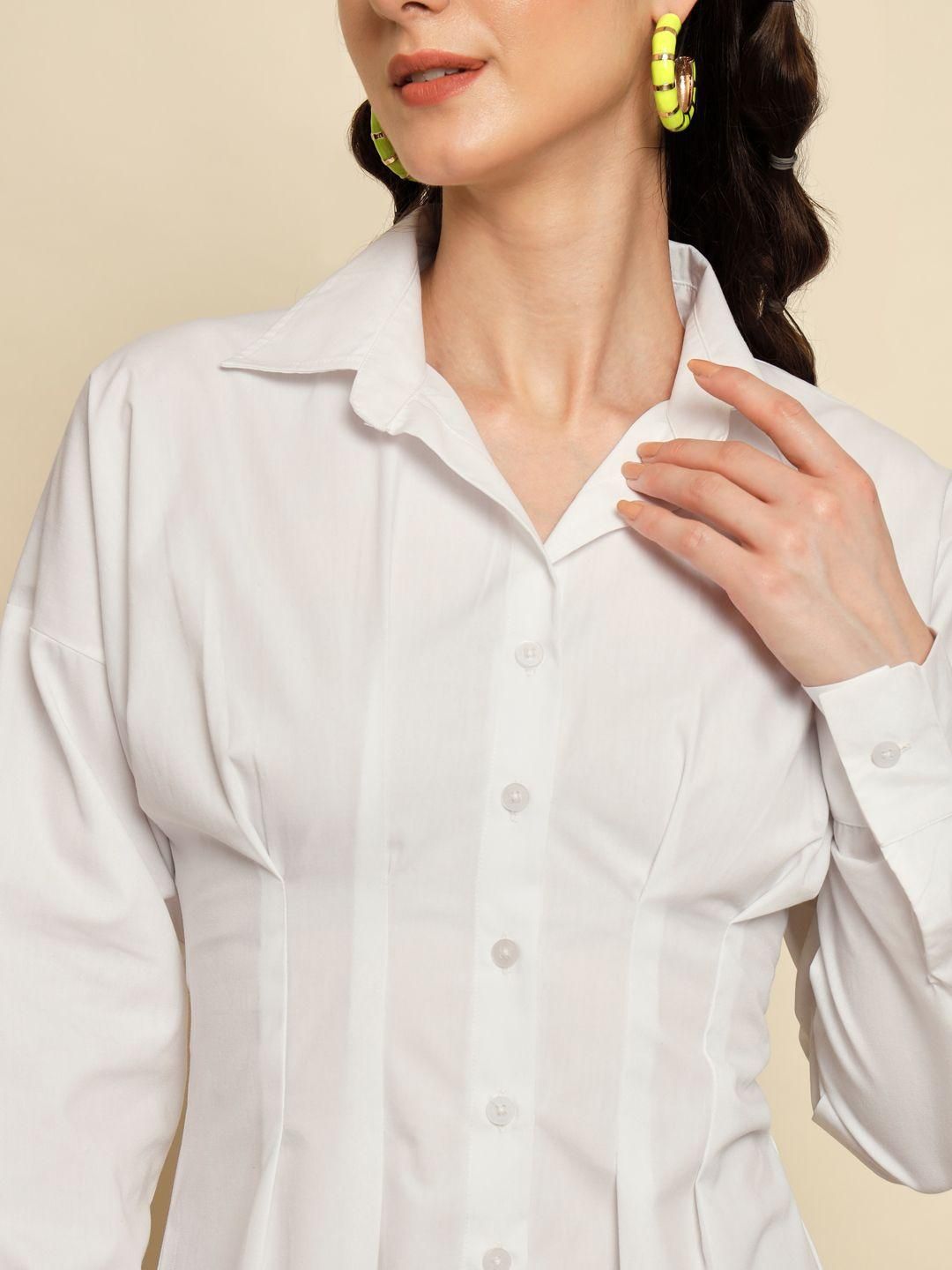 TRENDARREST Women's White Dart Detail Shirt Dress