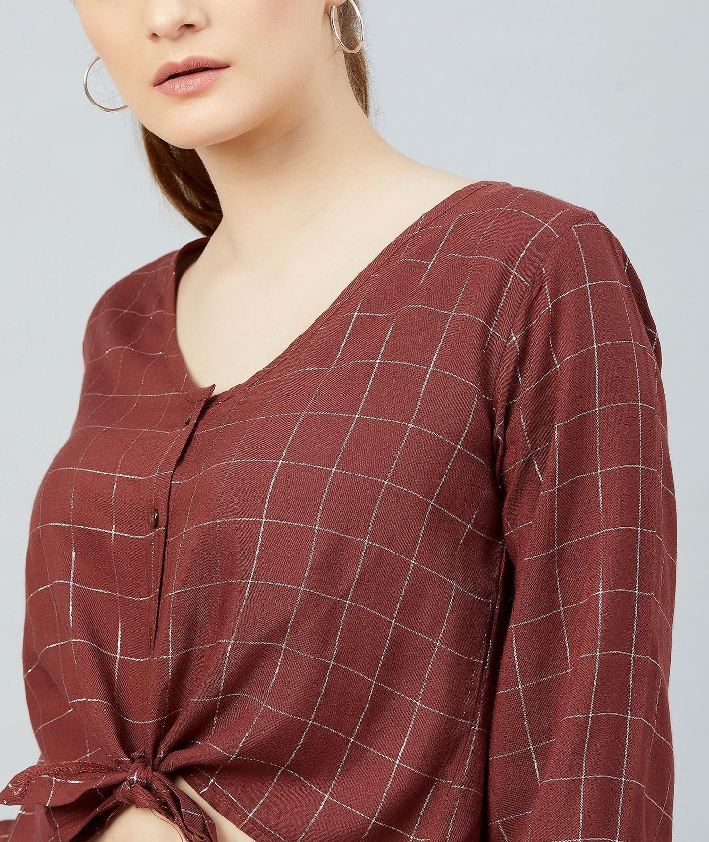 Women's Maroon Checkered Viscose Knotted Top