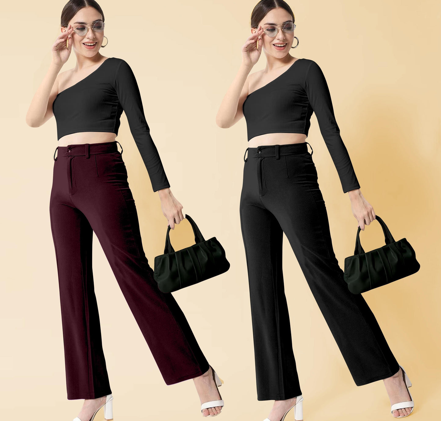 Elegant Wine & Black Lycra Solid Trousers Combo For Women