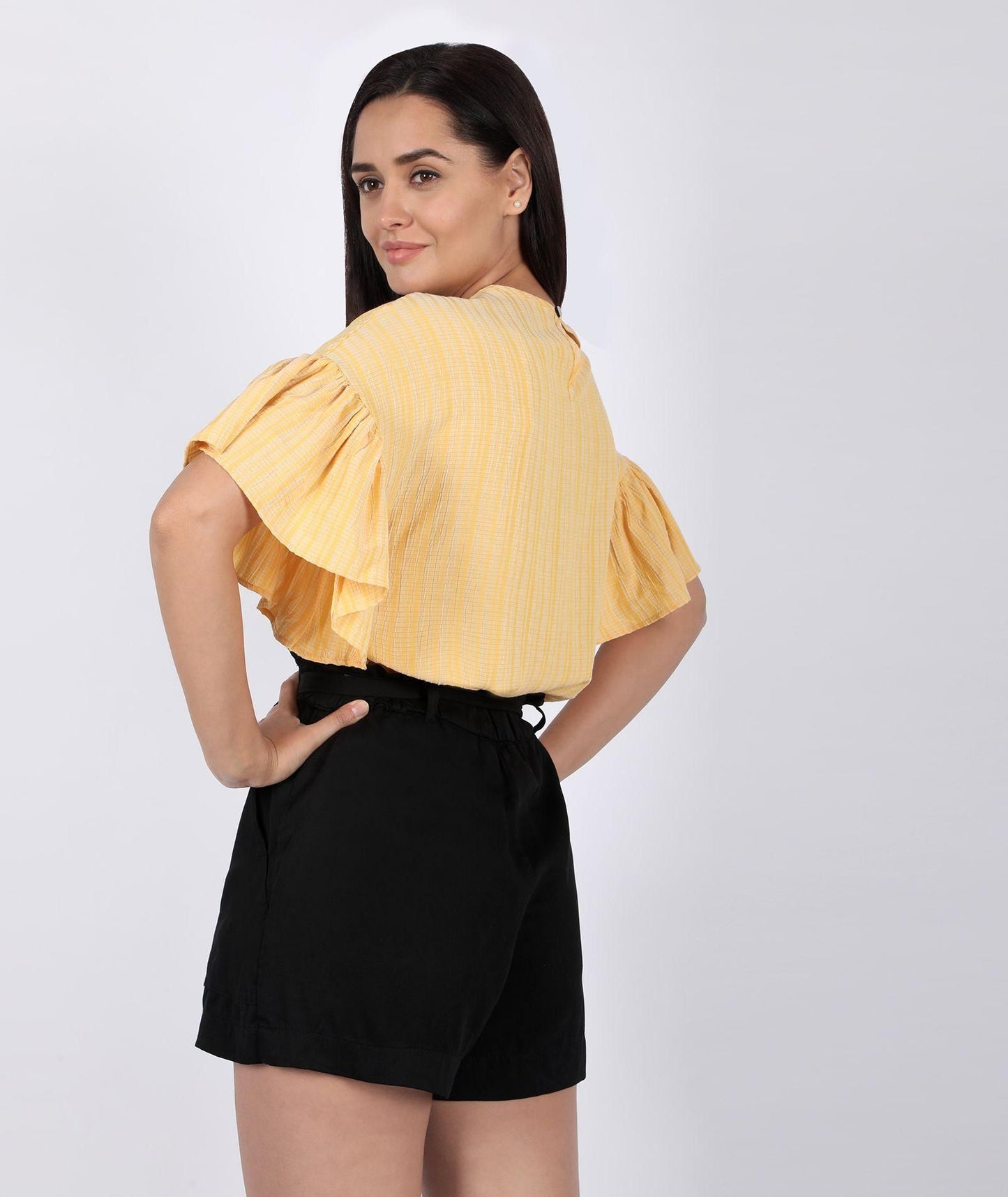 Flared Sleeve Striped Women's Yellow Top