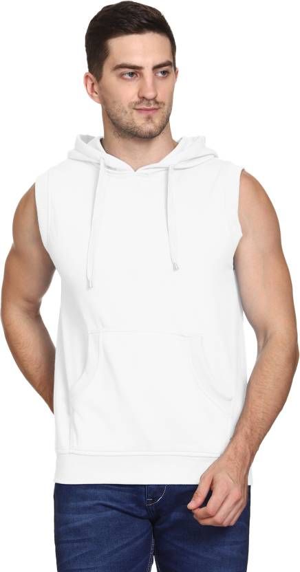 Men Sleeveless Solid Hooded Sweatshirt