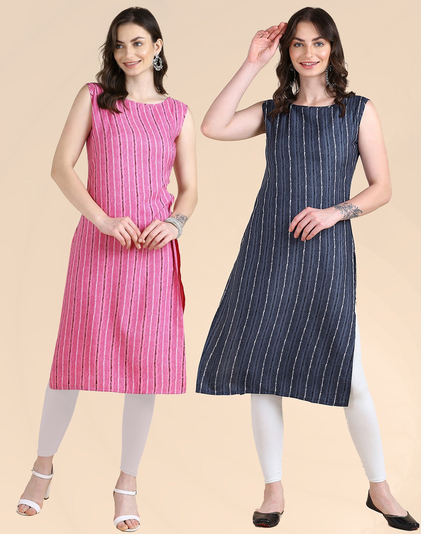 Women's Sleeveless Boat Neck Solid Casual Fancy Long Kurtis (combo Pack Of 2)